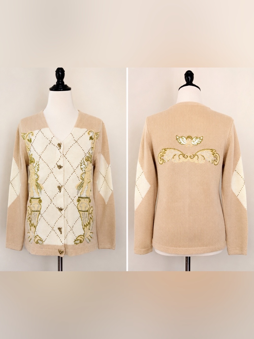 Vintage Storybook Knits Cherub Button Embroidered Cardigan Sweater M HSN